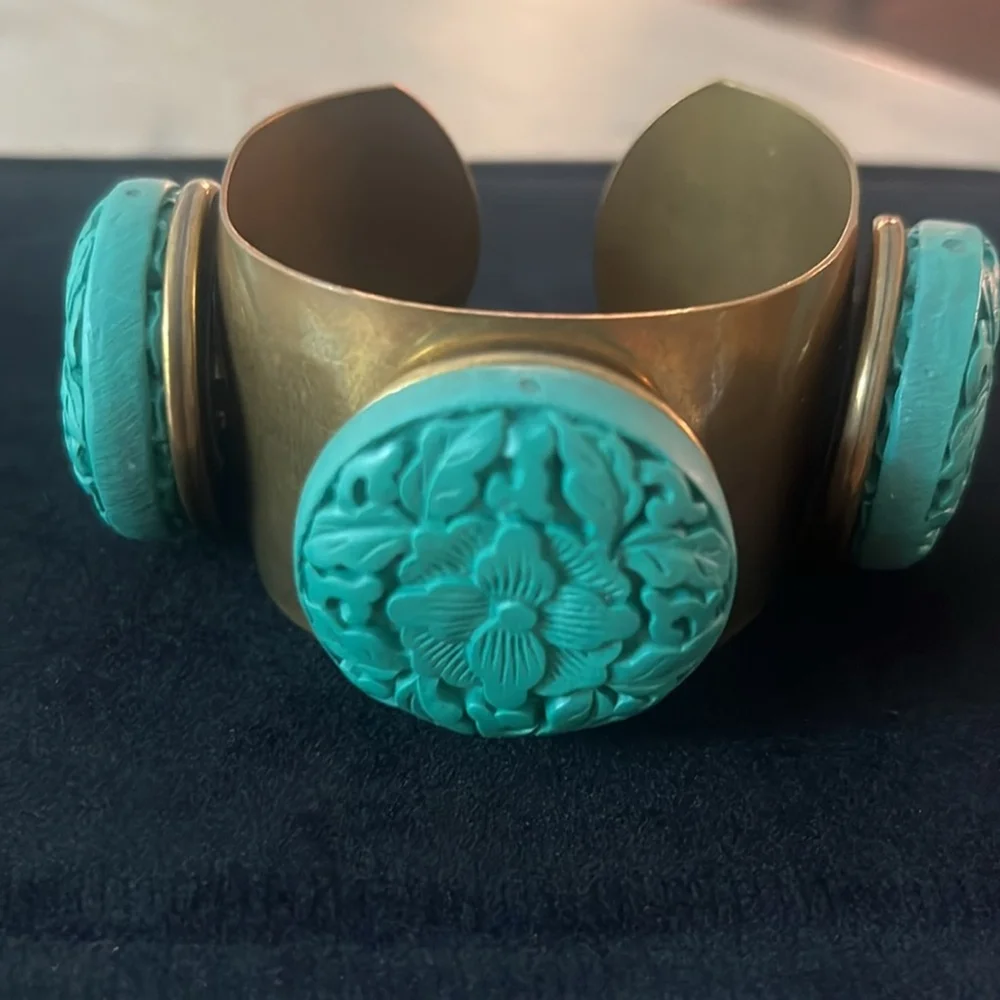 Vintage Jan Michaels Turquoise Coin Cuff Bracelet Bronze Patina Floral Retired - Picture 2 of 5